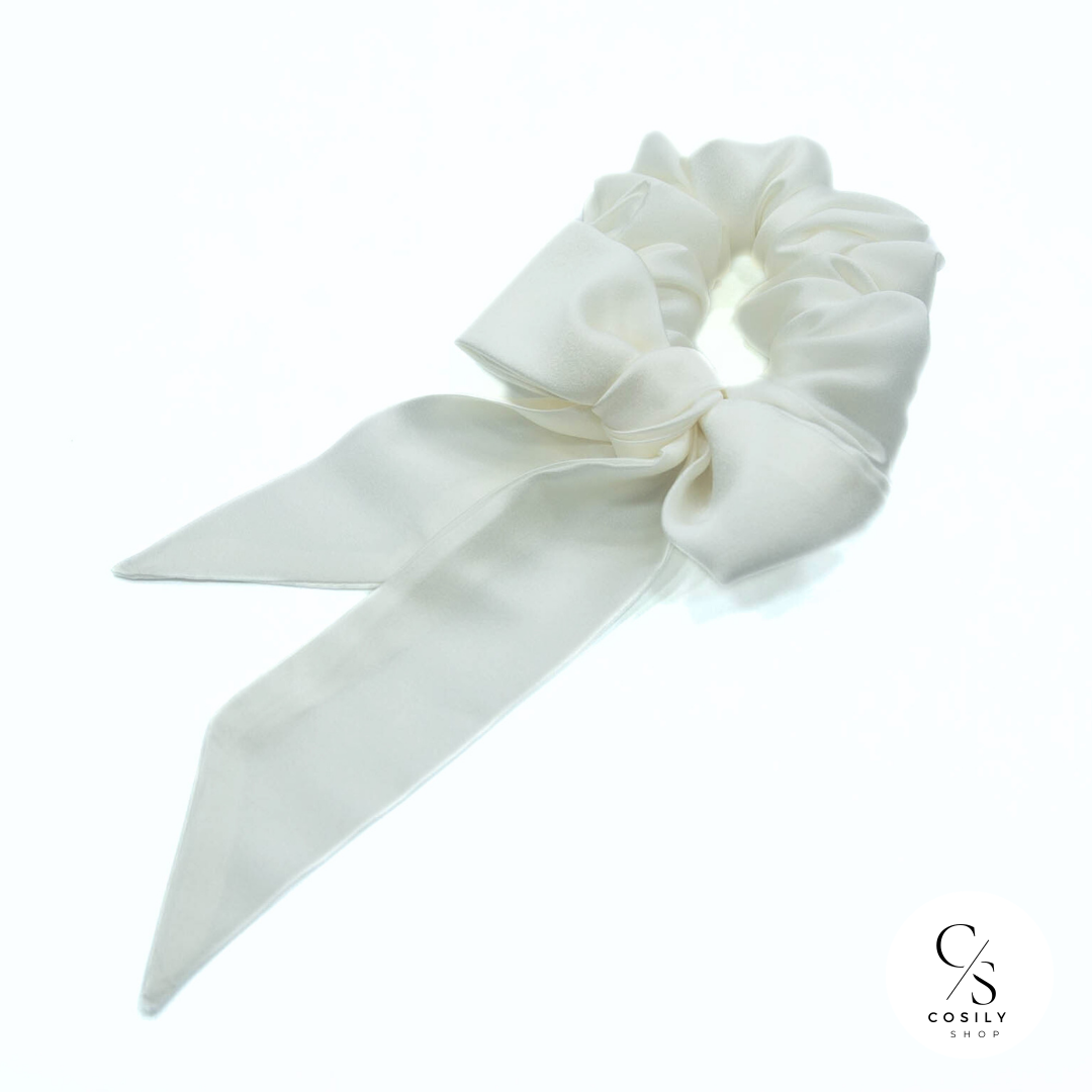 Scrunchie z kokardą 2w1 - mleczna biel