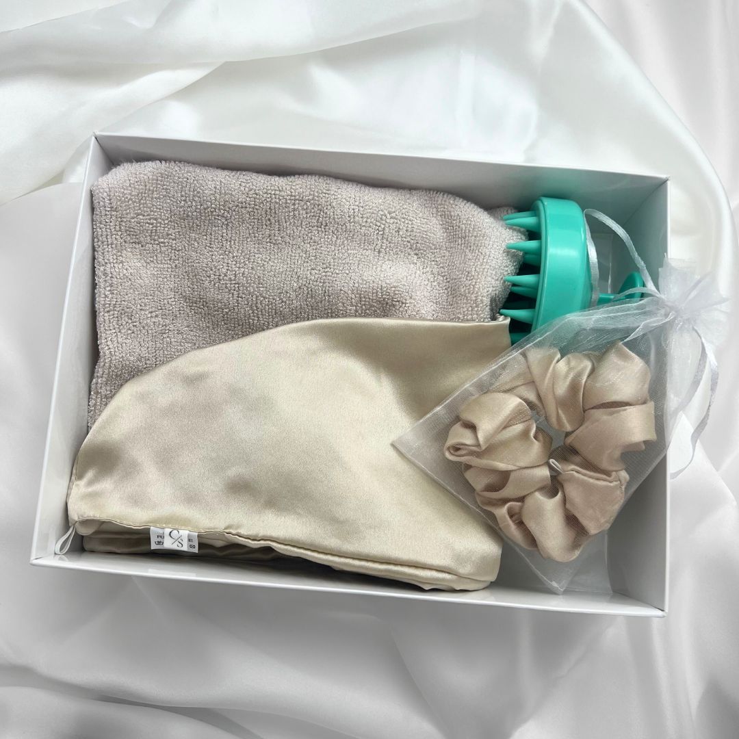 Wieczorny zestaw pielęgnacyjny - turban jedwabny + gumka STANDARD + masażer gratis