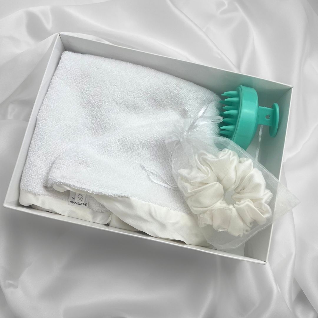 Wieczorny zestaw pielęgnacyjny - turban jedwabny + gumka STANDARD + masażer gratis