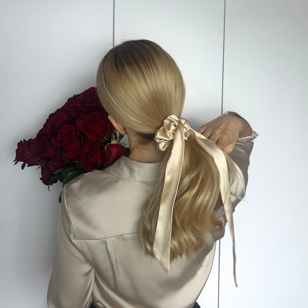 Scrunchie z kokardą 2w1 - złoty nude