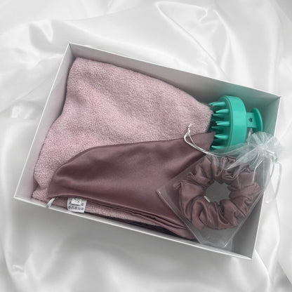 Wieczorny zestaw pielęgnacyjny - turban jedwabny + gumka STANDARD + masażer gratis