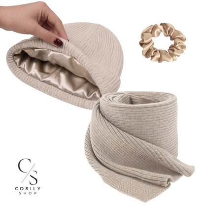 Zestaw prezentowy Czapka z jedwabną podszewką + Szalik merino + gumka MINI