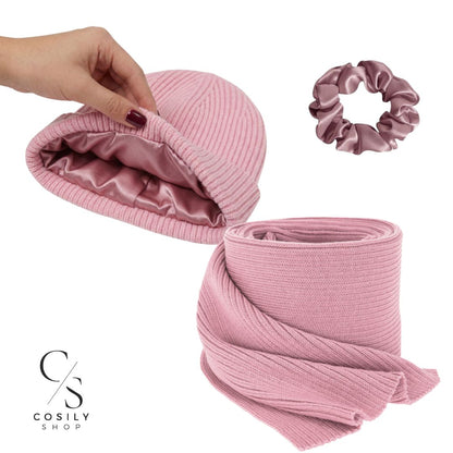 Zestaw prezentowy Czapka z jedwabną podszewką + Szalik merino + gumka MINI