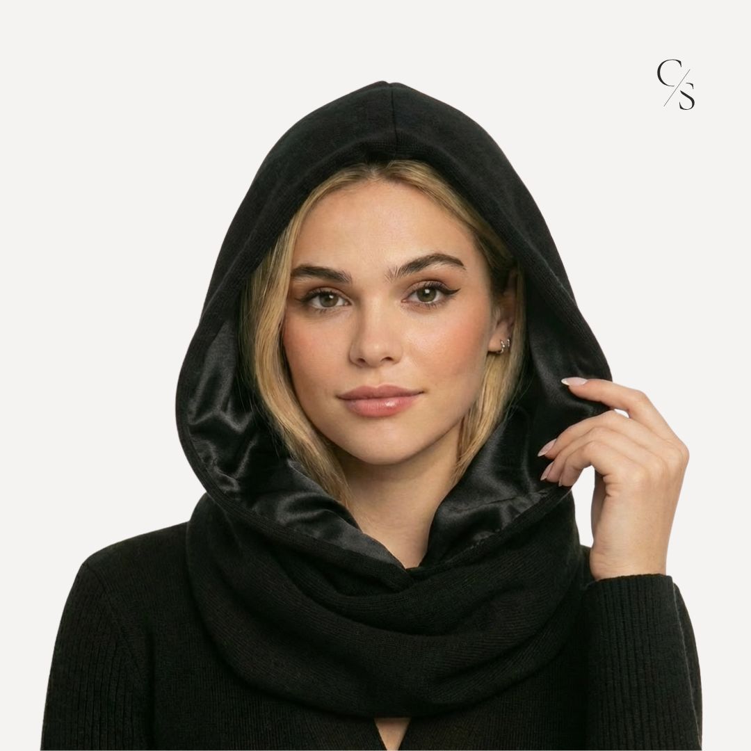 Wełniany Kaptur z wiązaniem z Jedwabną Podszewką Sophie Hood balaclava wełna merino merynos czarny