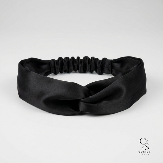 jedwabna opaska do włosów z węzłem na gumce czarna