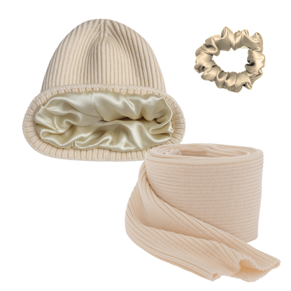 zestaw wełniana czapka zimowa merino z szalikiem z wełny merino i jedwabną gumką do włosów w eleganckim pudełku