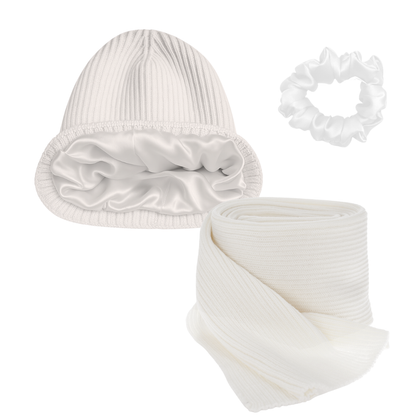 zestaw wełniana czapka zimowa merino z szalikiem z wełny merino i jedwabną gumką do włosów w eleganckim pudełku