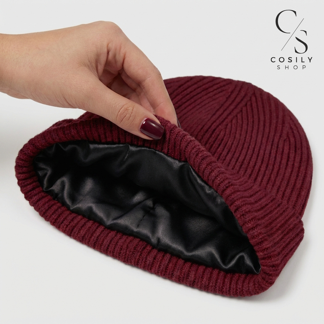 Wełniana czapka z jedwabną podszewką, merino 100% jedwab bordowa Cosily Shop