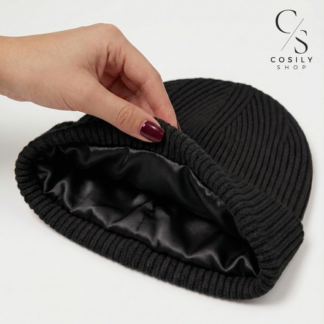 Wełniana czapka z jedwabną podszewką, merino 100% jedwab czarna Cosily Shop