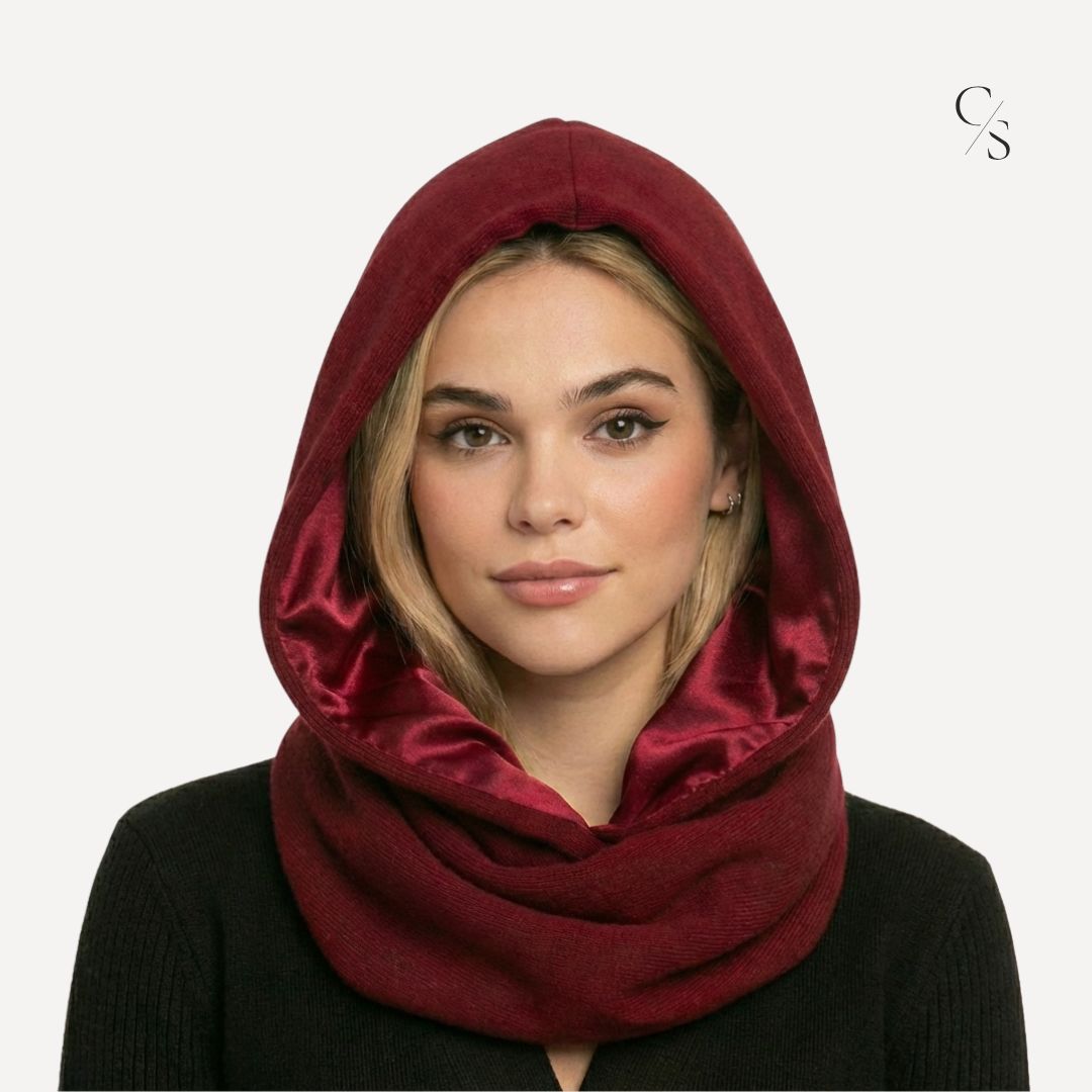 Wełniany Kaptur z wiązaniem z Jedwabną Podszewką Sophie Hood balaclava wełna merino merynos bordowy