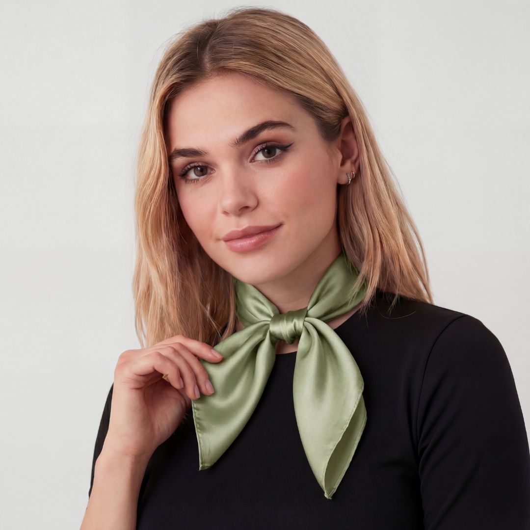 jedwabna apaszka dla kobiet matcha zawiązana przy szyi cosily shop