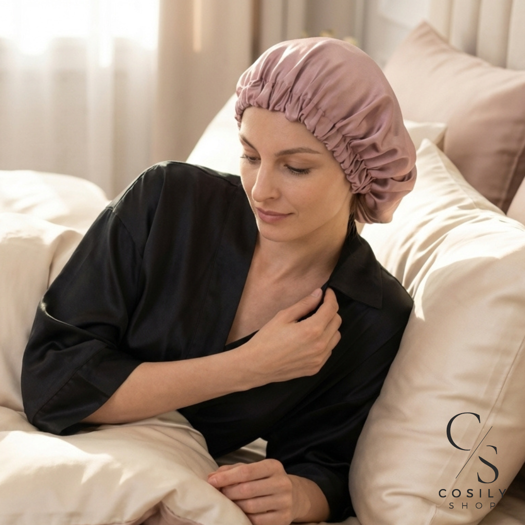jedwabny czepek do włosów do spania różowy turban